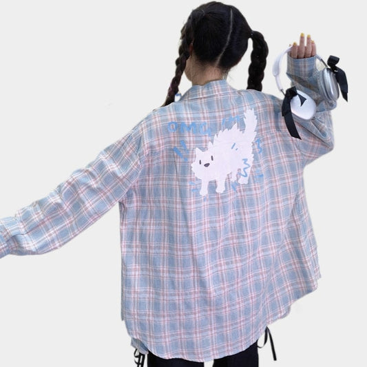 Sweet Japanese Cartoon Cat Print Blue Plaid Blouse