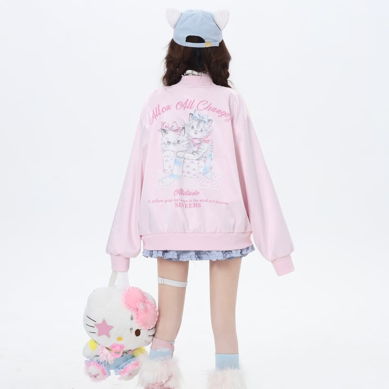 Sweet Japanese Dopamine Style Cartoon Cat print Coat
