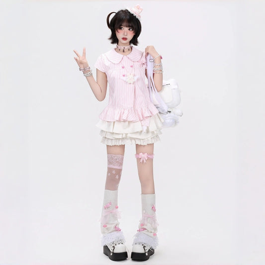 Sweet Japanese Striped Ruffle Blouse