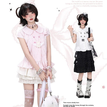 Sweet Japanese Striped Ruffle Blouse