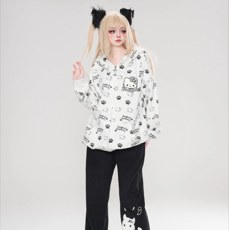Sweet Japanese Style Hello Kitty Printed Hooded Sweatshirt