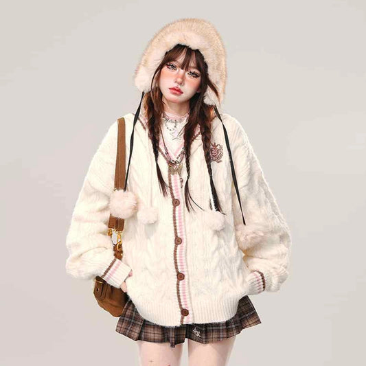 Sweet Korean Style Knitted Hooded Sweater