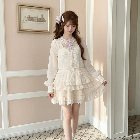Sweet Lace Layered A-Line Mini Skirt Women High Waist Ruffle Skirt