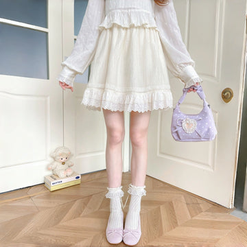 Sweet Lace Layered A-Line Mini Skirt Women High Waist Ruffle Skirt