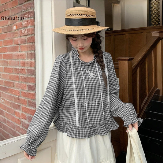 Sweet Lace Patchwork Plaid Blouse – Kawaii Embroidered Long Sleeve Shirt
