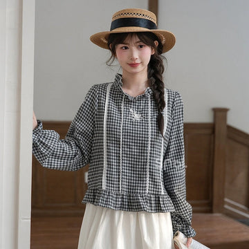 Sweet Lace Patchwork Plaid Blouse – Kawaii Embroidered Long Sleeve Shirt