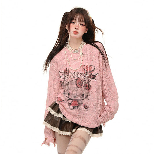 Sweet Lazy Soft Girl Style Pink Hello Kitty Embroidery Loose Sweater