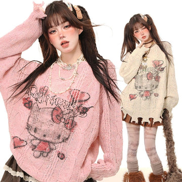 Sweet Lazy Soft Girl Style Pink Hello Kitty Embroidery Loose Sweater