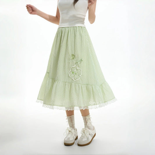 Sweet Mori Girl Style Green Lace Midi Skirt