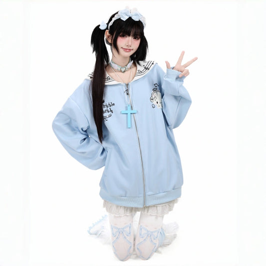 Sweet Navy Collar Rabbit Embroidered Zip-Up Coat