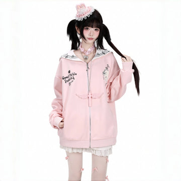 Sweet Navy Collar Rabbit Embroidered Zip-Up Coat