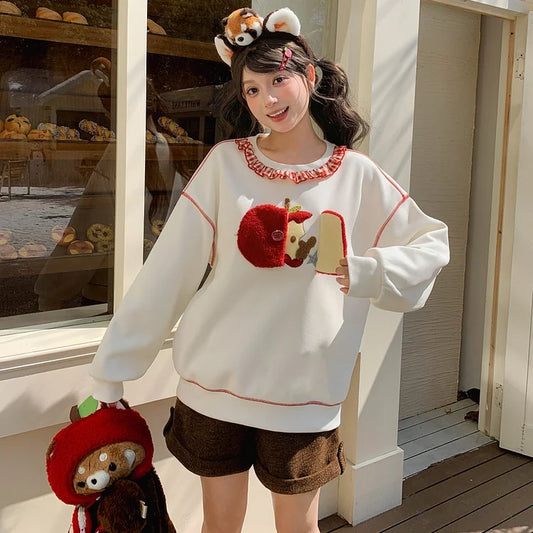 Sweet Off-White Apple Embroidery Fleece-Lined Sweatshirt