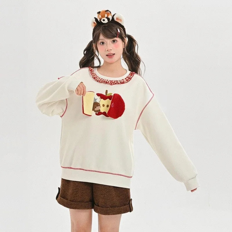 Sweet Off-White Apple Embroidery Fleece-Lined Sweatshirt