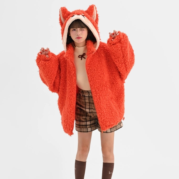 Sweet Orange Cartoon Fox Hooded Coat