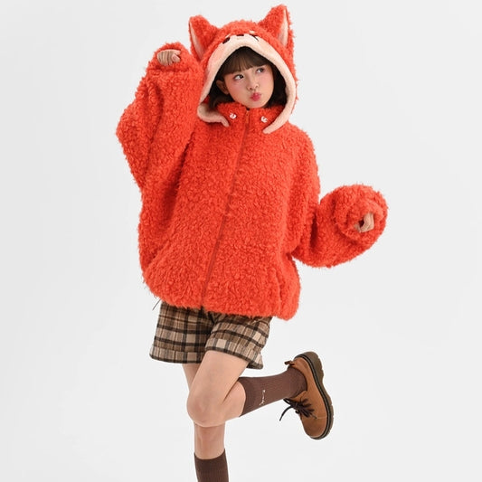 Sweet Orange Cartoon Fox Hooded Coat