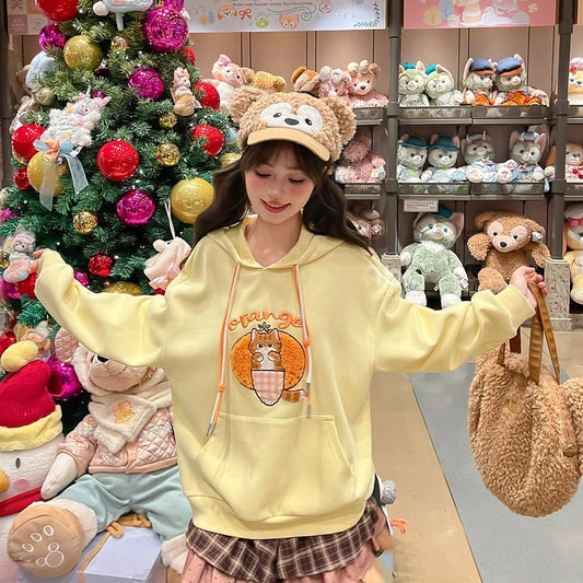 Sweet Orange Cat Embroidered Hooded Sweatshirt