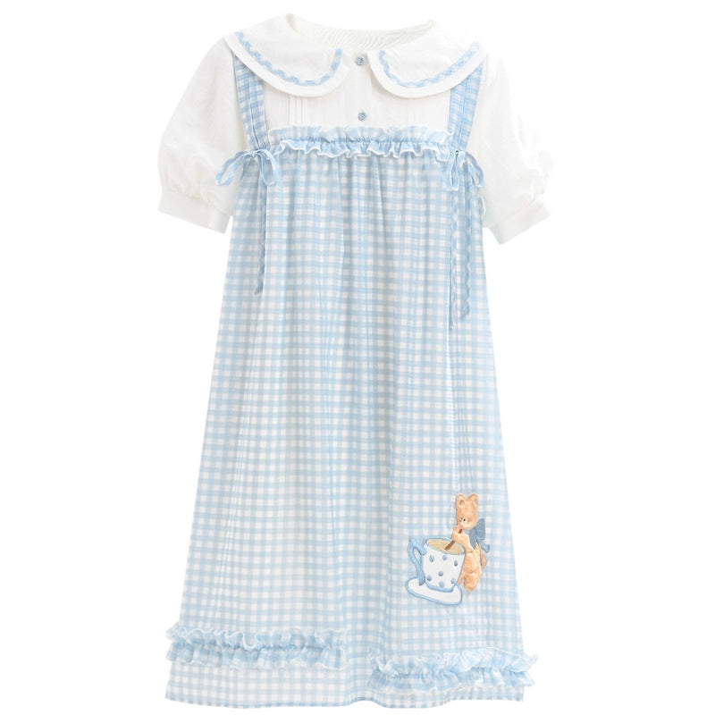 Sweet Pastoral Style Blue Plaid Doll Collar Dress