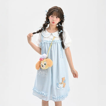 Sweet Pastoral Style Blue Plaid Doll Collar Dress
