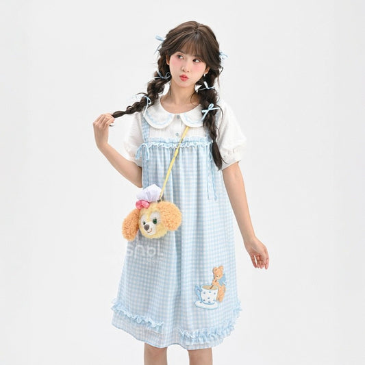 Sweet Pastoral Style Blue Plaid Doll Collar Dress