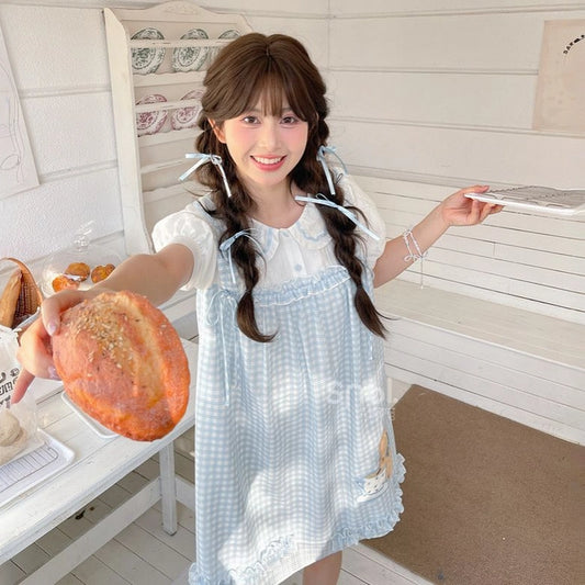 Sweet Pastoral Style Blue Plaid Doll Collar Dress
