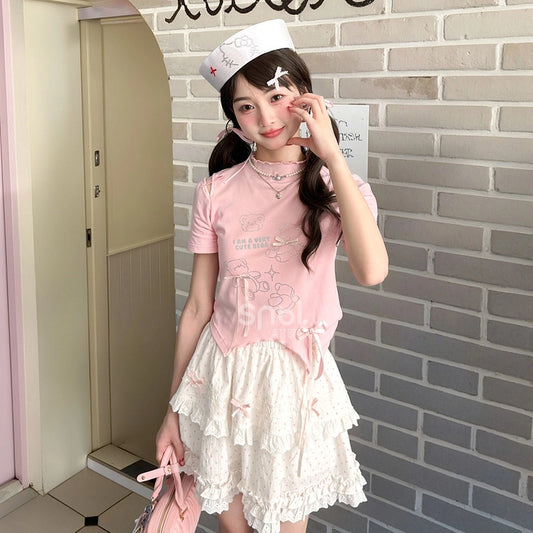 Sweet Pink Cartoon Bear Print Short T-shirt
