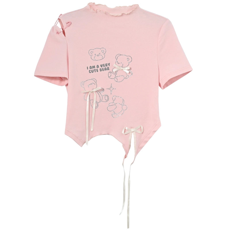 Sweet Pink Cartoon Bear Print Short T-shirt