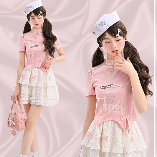 Sweet Pink Cartoon Bear Print Short T-shirt