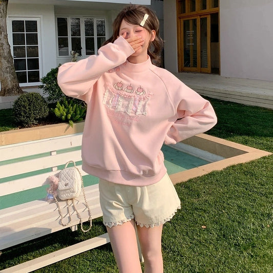 Sweet Pink Cartoon Cake Embroidered Sweatshirt