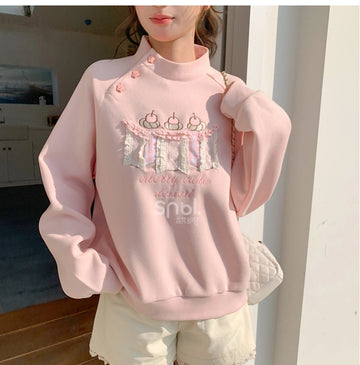 Sweet Pink Cartoon Cake Embroidered Sweatshirt