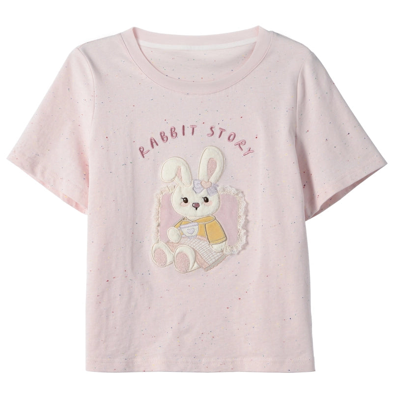 Sweet Pink Cartoon Rabbit Embroidered Short-Sleeved T-shirt
