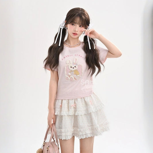 Sweet Pink Cartoon Rabbit Embroidered Short-Sleeved T-shirt
