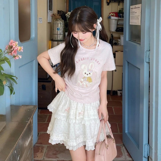Sweet Pink Cartoon Rabbit Embroidered Short-Sleeved T-shirt