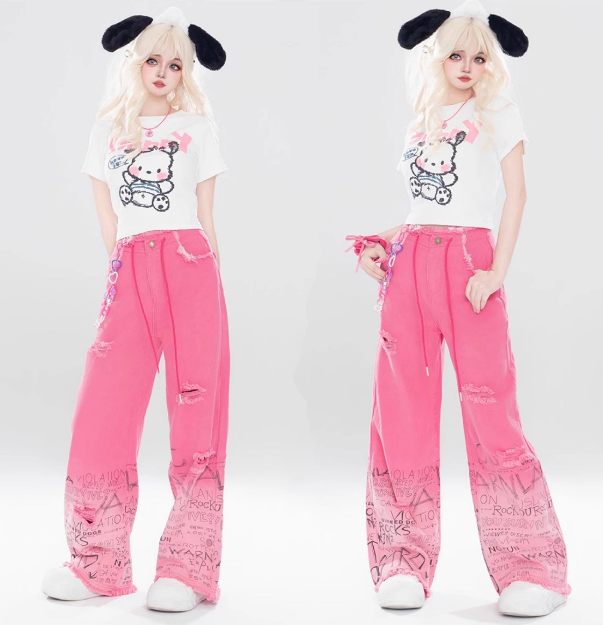 Sweet Pink Graffiti High Waist Wide Leg Jeans