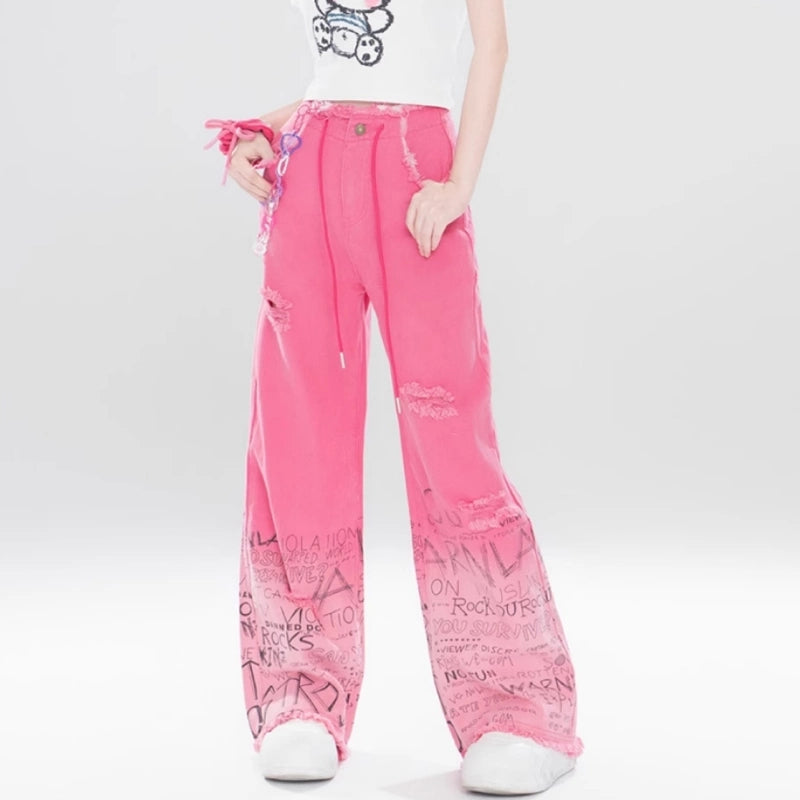 Sweet Pink Graffiti High Waist Wide Leg Jeans
