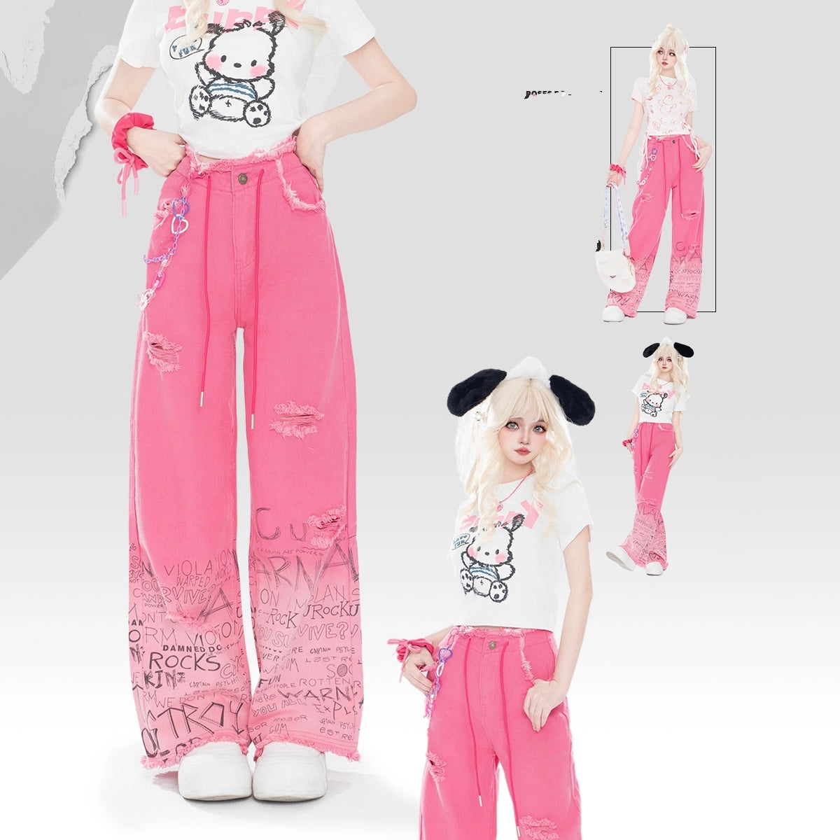 Sweet Pink Graffiti High Waist Wide Leg Jeans