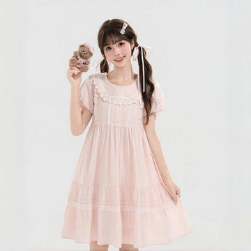 Sweet Pink Lace Puff Sleeve A-Line Dress