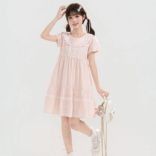 Sweet Pink Lace Puff Sleeve A-Line Dress