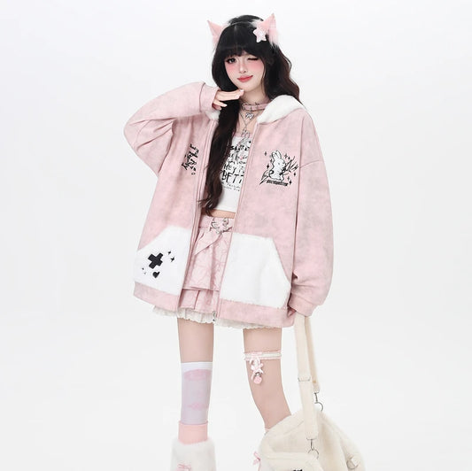 Sweet Pink Plush Bunny Ear Hooded Coat