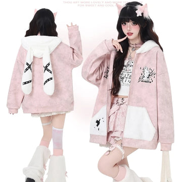 Sweet Pink Plush Bunny Ear Hooded Coat