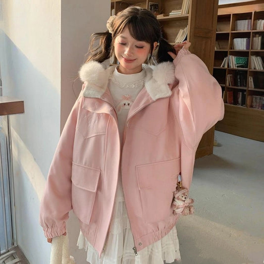 Sweet Pink Plush Hooded Cotton Jacket
