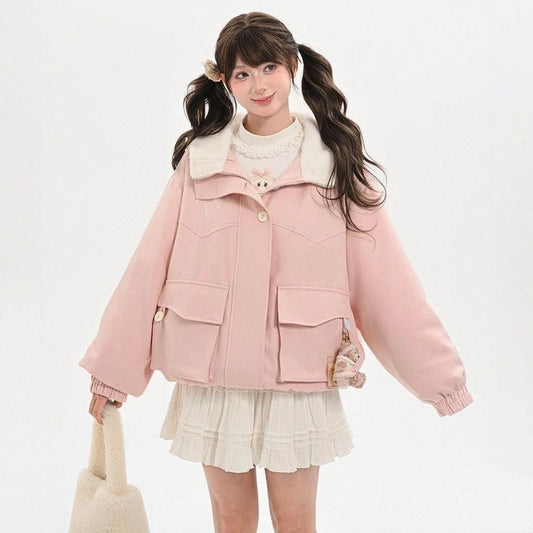 Sweet Pink Plush Hooded Cotton Jacket