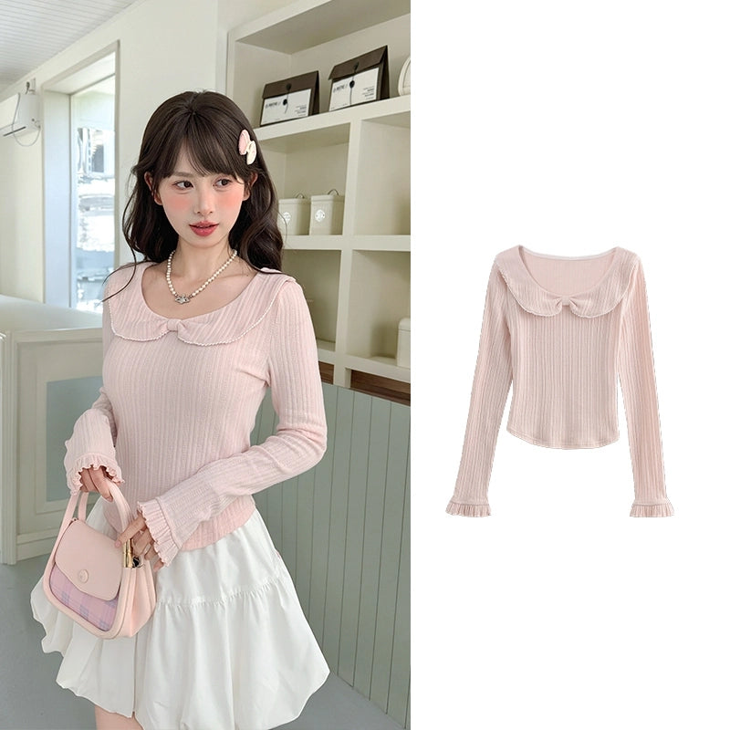 Sweet Pink Slim-Fit Lace Long-Sleeved T-Shirt