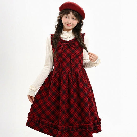 Sweet Preppy Red Plaid Loose Dress