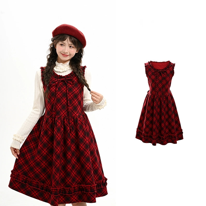 Sweet Preppy Red Plaid Loose Dress