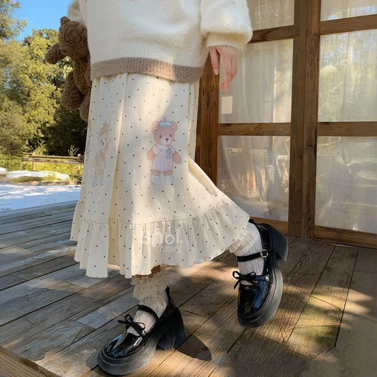 Sweet Preppy Style Bear Printed Skirt