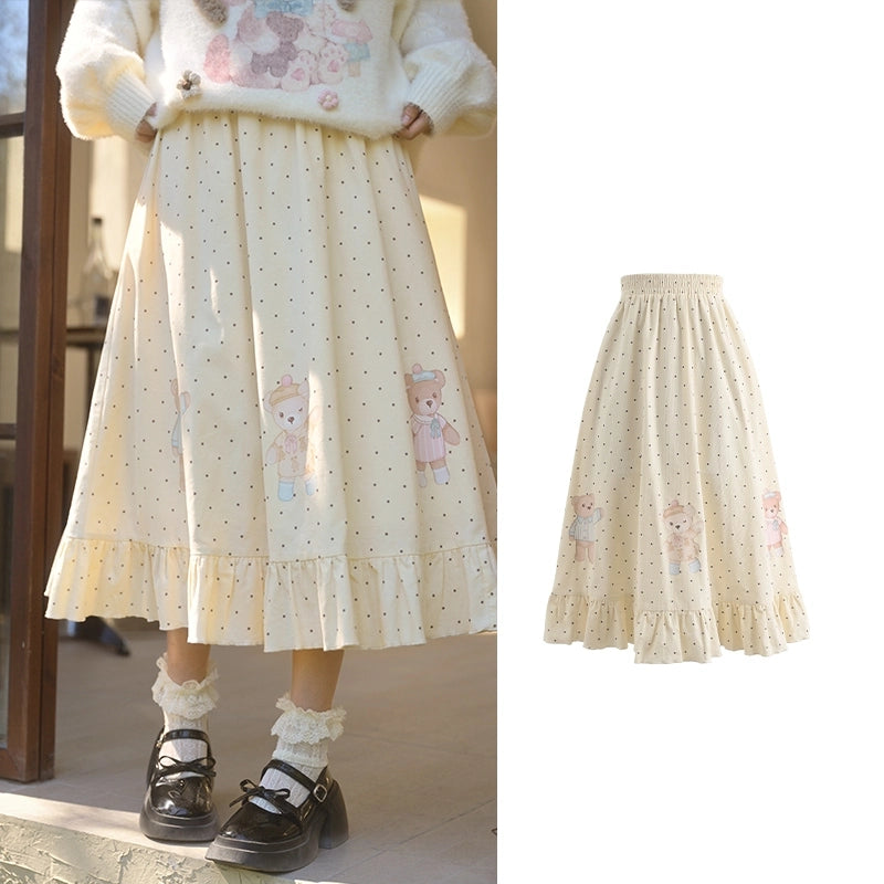 Sweet Preppy Style Bear Printed Skirt
