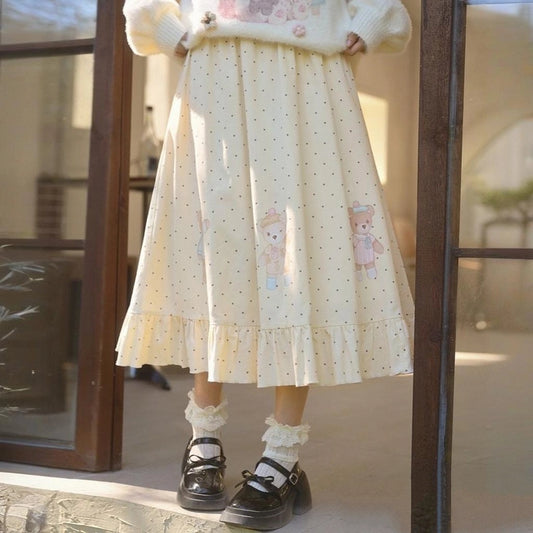 Sweet Preppy Style Bear Printed Skirt