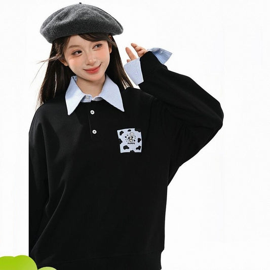 Sweet Preppy-Style Black Fake Two-Piece Sweatshirt
