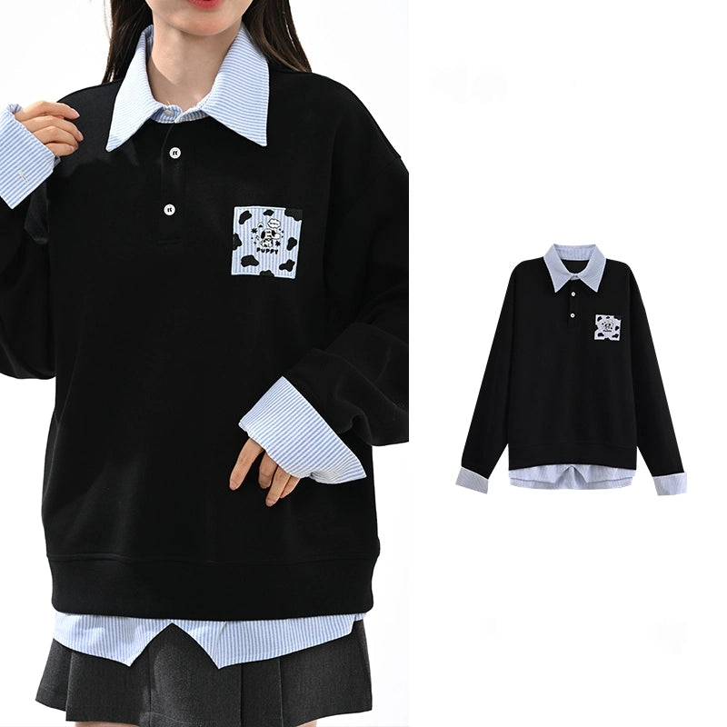 Sweet Preppy-Style Black Fake Two-Piece Sweatshirt