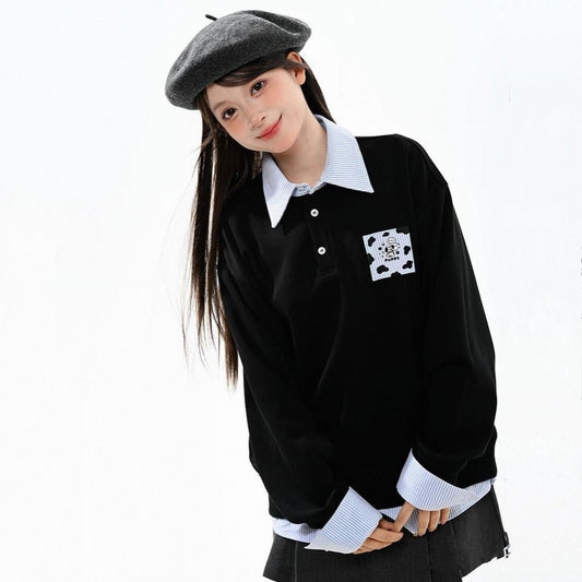 Sweet Preppy-Style Black Fake Two-Piece Sweatshirt